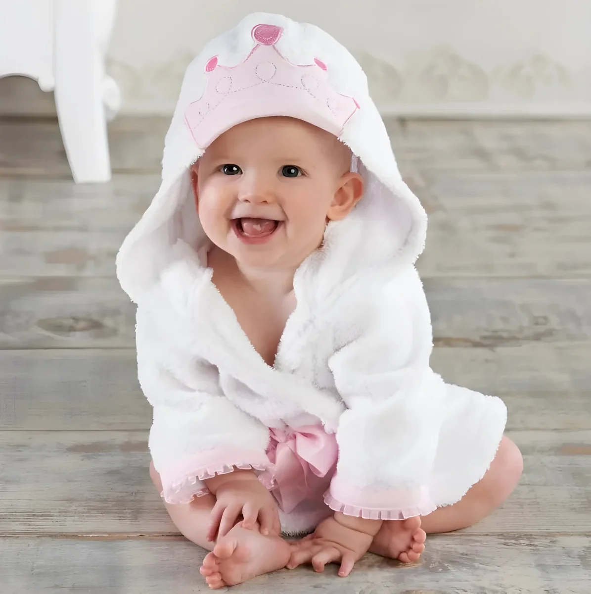 Peignoir Bébé Blanc Princesse avec Capuche en Coton