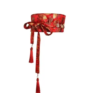 Ceinture Obi Rouge Japonaise Motifs Éventails et Grues