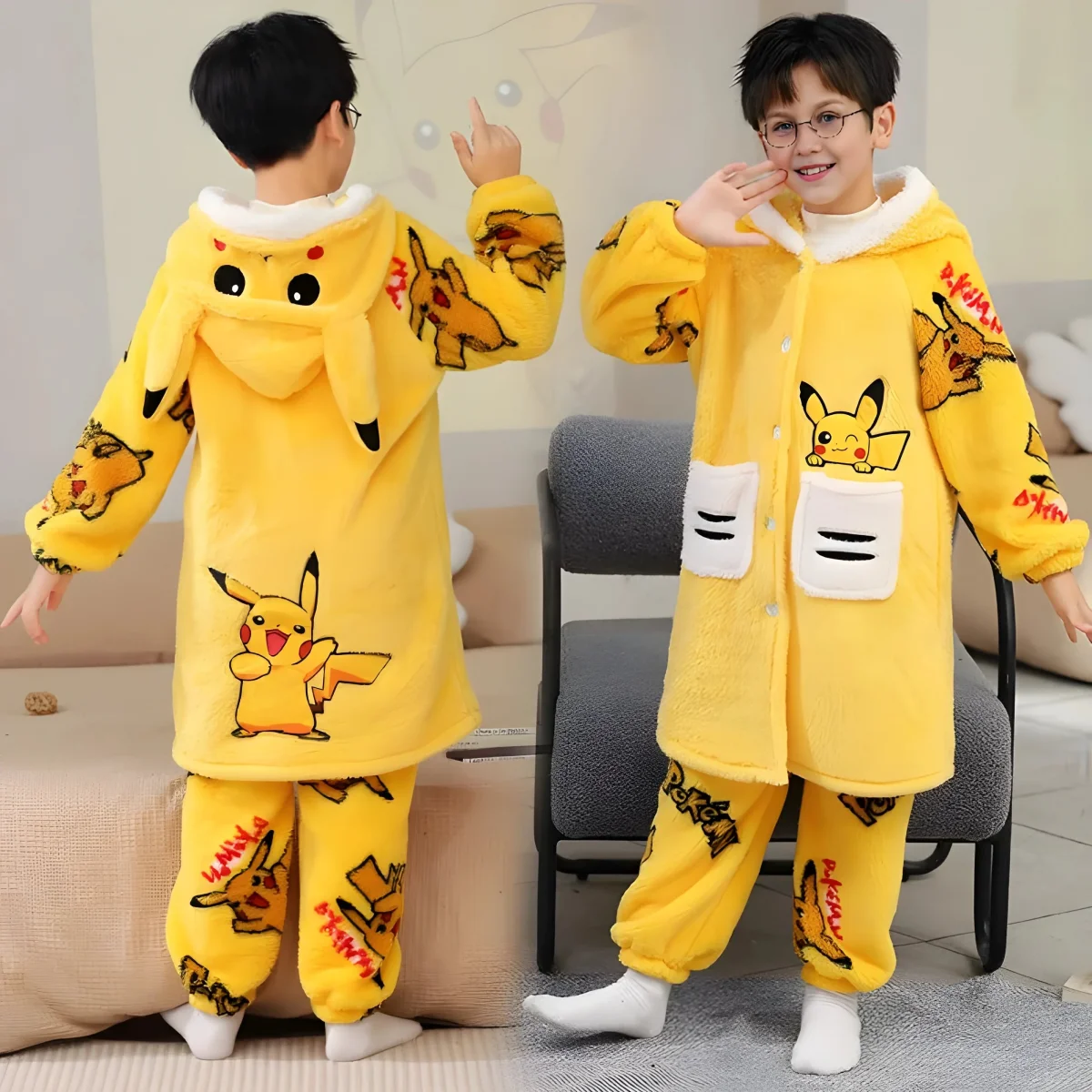 Pyjama Pikachu Jaune Pilou Pilou Enfant Capuche – Image 2