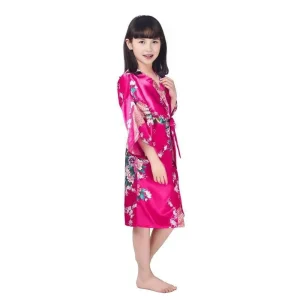 Peignoir Kimono Enfant Rose Vif Motif Floral et Paon