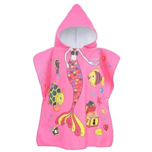 Cape de Bain Enfant Rose Motif Sirène avec Capuche