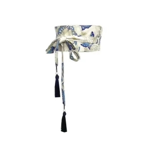 Ceinture Obi Japonaise Bleu et Blanc Floral Papillons