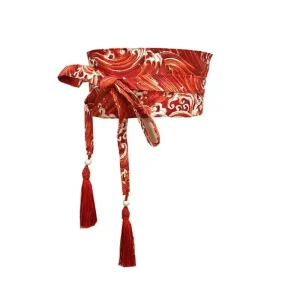 Ceinture Large Rouge Obi Japonaise Motif Vagues Dorées