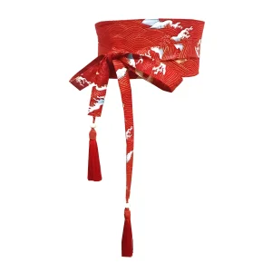 Ceinture Obi Japonaise Rouge Motif Vagues et Fleurs