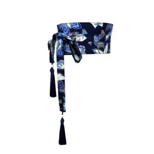 Ceinture Obi Bleu Marine Motif Papillons et Fleurs