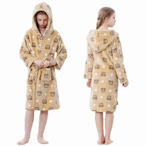 Peignoir Enfant Beige Motif Ours et Étoiles avec Capuche