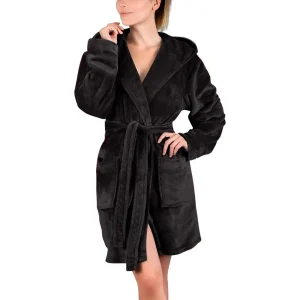 Peignoir Polaire Noir à Capuche pour Femme - Chaud et Confortable