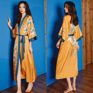 Kimono Long Jaune Floral Satin Femme - Peignoir Élégant
