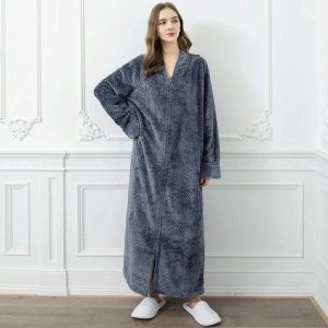 Peignoir Long Femme Gris en Polaire avec Fermeture Éclair