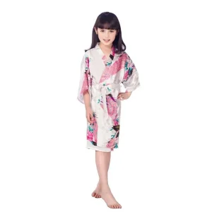 Peignoir Blanc Motif Floral Paon Fille Satin Kimono