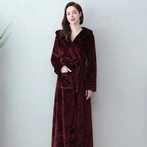 Peignoir Long Bordeaux à Capuche en Polaire pour Femme