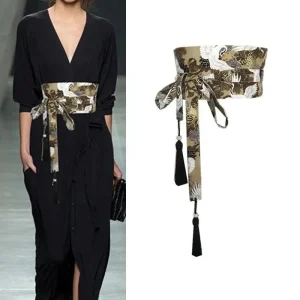 Ceinture Obi Japonaise Beige Sable Motifs Grues Femme