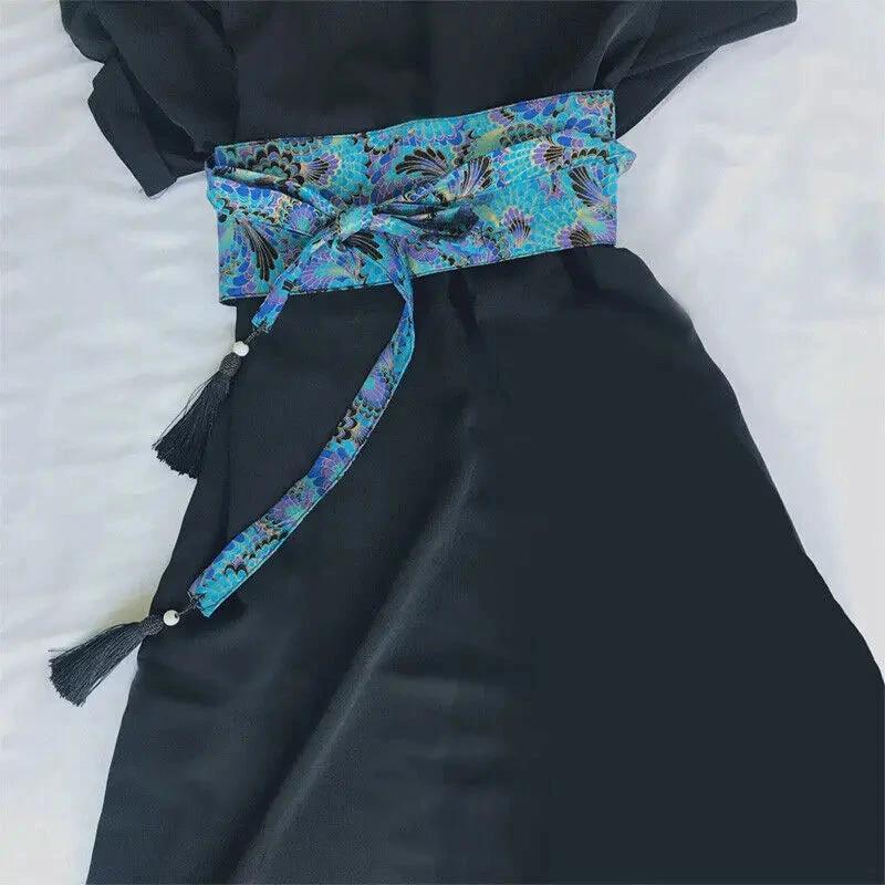 Ceinture Obi Japonaise Bleu Turquoise - Motif Floral Violet – Image 2