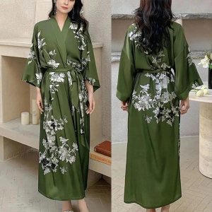 Peignoir Long Vert Floral Kimono Satiné Femme Élégant