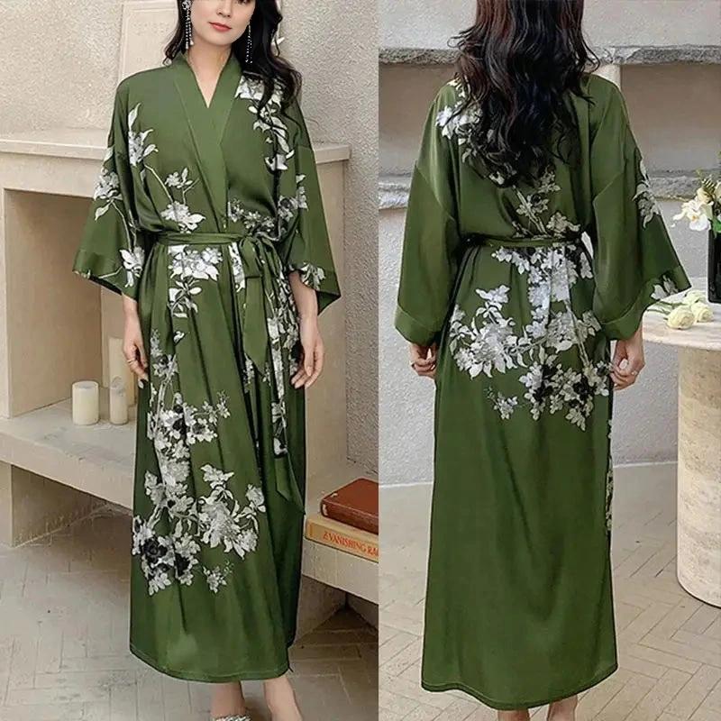 Peignoir Long Vert Floral Kimono Satiné Femme Élégant – Image 2