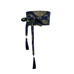 Ceinture Obi Japonaise Large Bleu Marine Motif Floral Doré