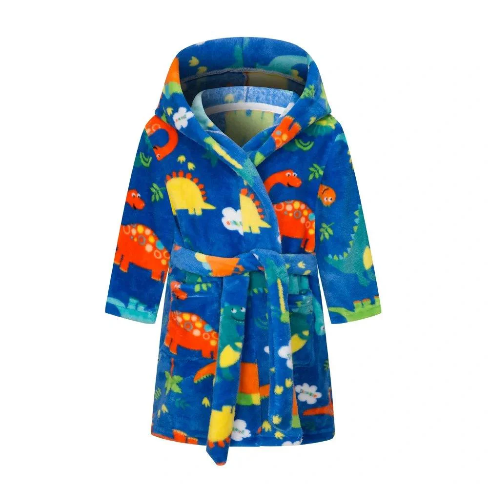 Peignoir Enfant Bleu Dinosaure à Capuche Doux Polaire
