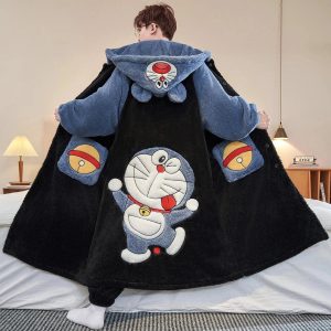 Peignoir Doraemon Capuche Polaire Bleu et Noir Unisexe