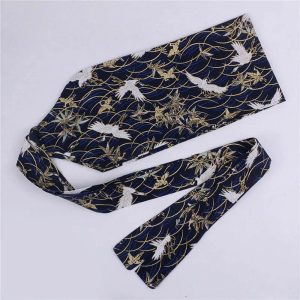 Ceinture Obi Kimono Bleu Marine Grues & Bambou Rétro