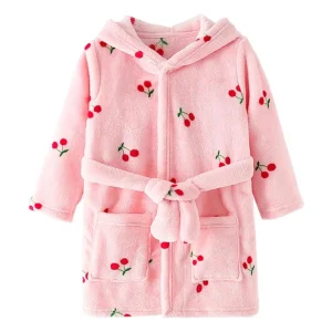 Peignoir Enfant Rose Motif Cerises - Polaire à Capuche