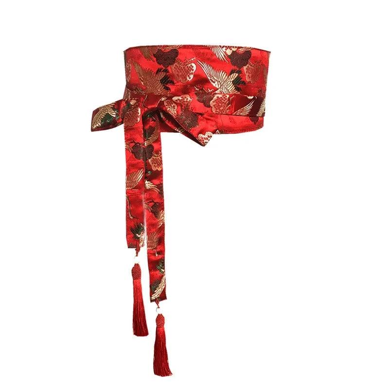 Ceinture Obi Rouge à Motifs Floraux et Grues Brodées – Image 2