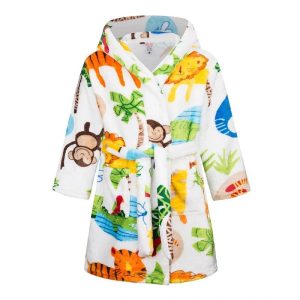 Peignoir Blanc Enfant à Capuche Motif Jungle Animaux Sauvages