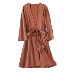 Déshabillé Satin Kimono Caramel Femme – Col V & Ceinture