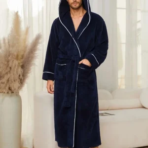 Peignoir Homme Bleu Marine à Capuche - Polaire Chaud