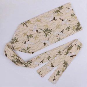 Ceinture Obi Japonaise Beige Motif Grues et Bambou