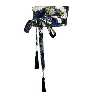 Ceinture Large Obi Japonaise Bleue Femme Imprimé Grue