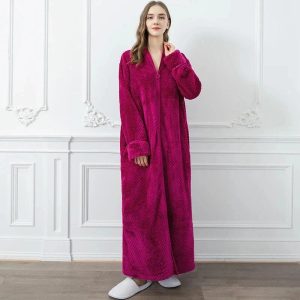 Peignoir Long Femme Rose en Polaire avec Fermeture Éclair