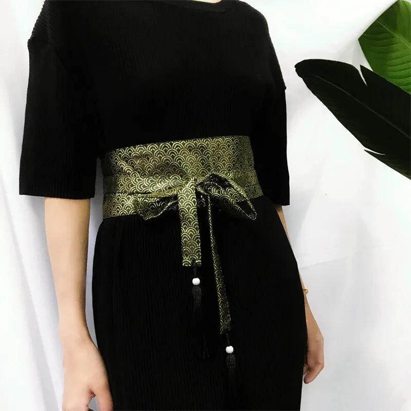 Ceinture Obi Large Dorée à Motifs Vagues Japonais