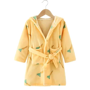 Peignoir Enfant Polaire Jaune Motif Carottes Capuche