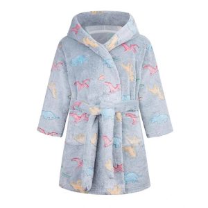 Peignoir Enfant Gris à Capuche Motif Dinosaures Polaire