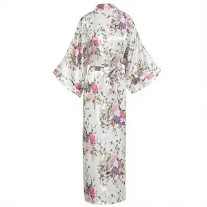 Peignoir Kimono Long Blanc Floral Satin Femme
