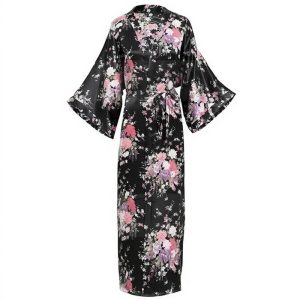 Peignoir Kimono Long Noir Motif Floral pour Femme