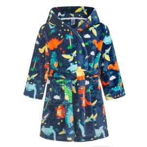 Peignoir Enfant Bleu Marine Motif Dinosaures à Capuche
