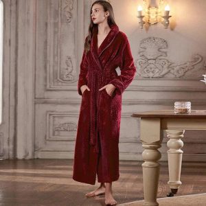 Peignoir Long Bordeaux Polaire Femme avec Ceinture