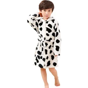 Peignoir Enfant Blanc Motif Vache avec Capuche en Polaire