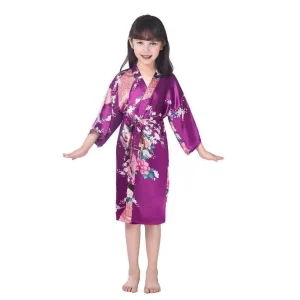 Peignoir Satin Violet Motif Floral et Paon pour Fille
