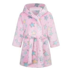 Peignoir Enfant Rose à Capuche en Polaire Motif Étoiles