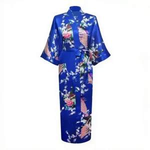 Peignoir Kimono Bleu Royal Motif Paon et Fleurs Femme