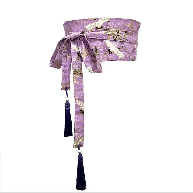 Ceinture Obi Japonaise Violet Motifs Grues Dorées Femme – Image 2