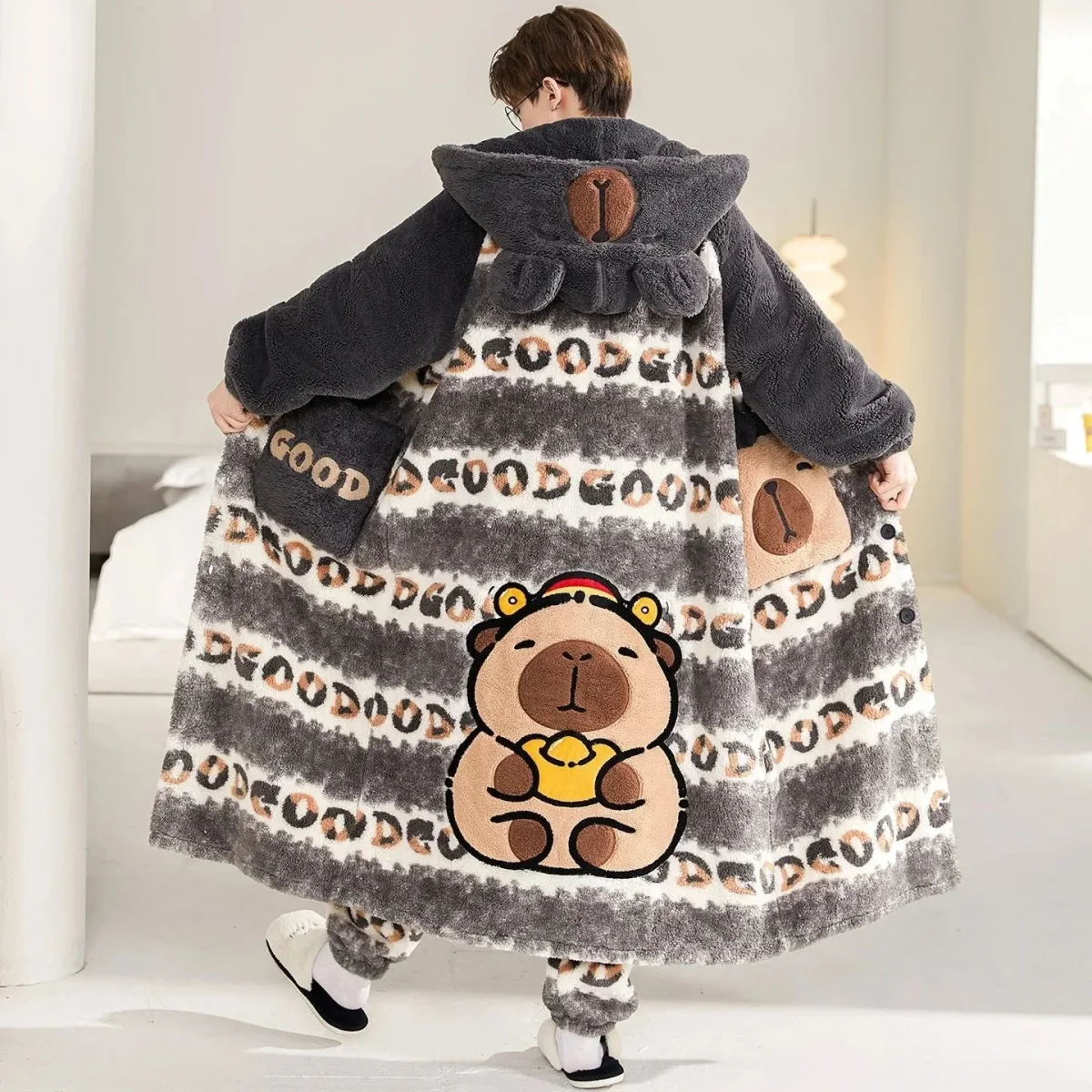 Peignoir Polaire Gris Ours à Capuche Enfant et Adulte