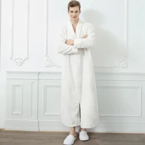 Peignoir Long Blanc en Polaire pour Homme avec Fermeture Éclair