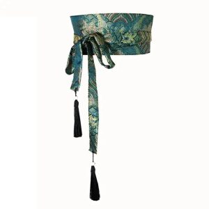 Ceinture Obi Verte Japonaise Motifs Floraux et Géométriques