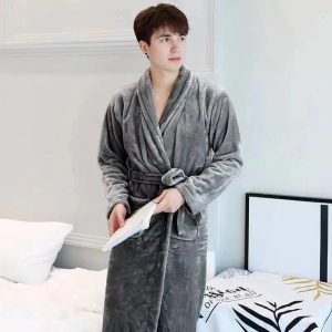 Peignoir Homme Gris en Polaire avec Ceinture Ajustable