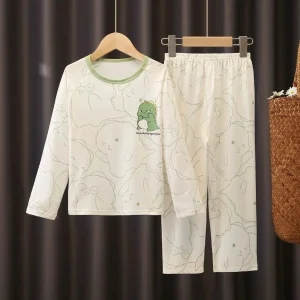 Pyjama Enfant Blanc Dinosaure Vert Manches Longues