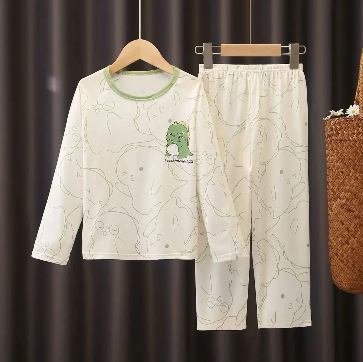 Pyjama Enfant Blanc Dinosaure Vert Manches Longues – Image 2