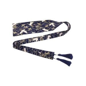 Ceinture Obi Japonaise Bleu Marine Motif Grues Dorées